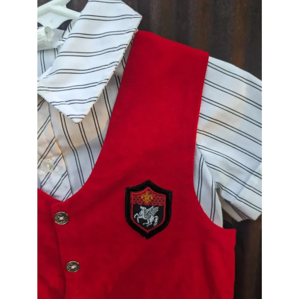 Vintage Baby Boy British Romper Black Red Velvet Vest Crest Patch Shorts Pegasus